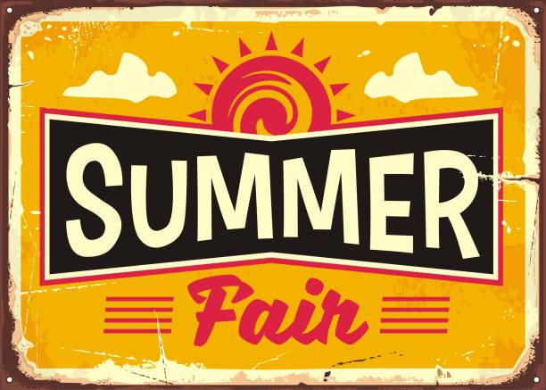 Summer fair retro tin sign concept Summer fair retro tin sign concept with summer sky clouds and red sun. Vintage vector illustration. rusted background stock illustrations