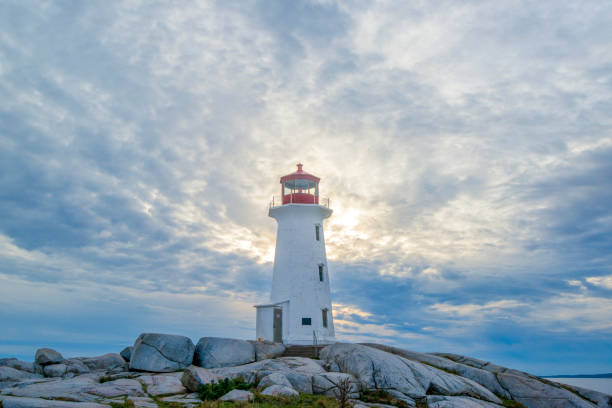 istock Lighthouse in front of the sun by a cloudy skye 1004533534