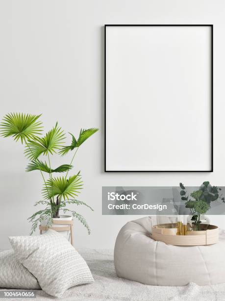 Simulacros De Cartel Diseño De Interiores Concepto Palma Y Cómodo Sillón Foto de stock y más banco de imágenes de Pared