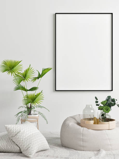 Mock up poster, concept interior design, palm and comfortable armchair