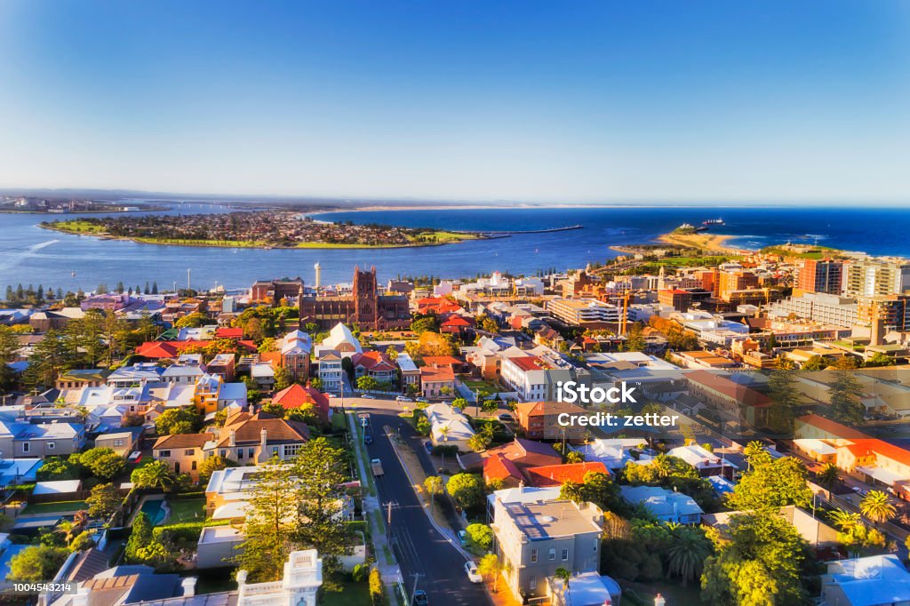 D Newcastle CBD 2 North City of Newcastle in Australia north from Sydney - Hunter river mouth to Pacific ocean. CBD of industrial hub and sea port with local streets and houses around the Cathedral of Newcastle. Newcastle - New South Wales Stock Photo