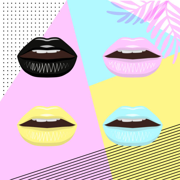 istock Universal trend poster juxtaposed with bright bold geometric leaves foliage yellow, blue and pink elements. Background in laconic fashion style. Lips with lipstick in pin style 1004543580