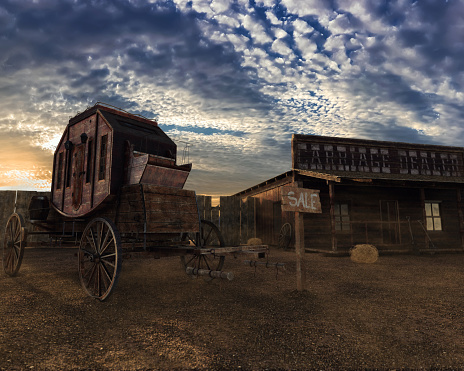 Old west 3D illustration, carriage and house at sunset