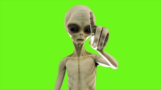 alien drückt den knopf auf green-screen. 3d rendering - roswell stock-fotos und bilder