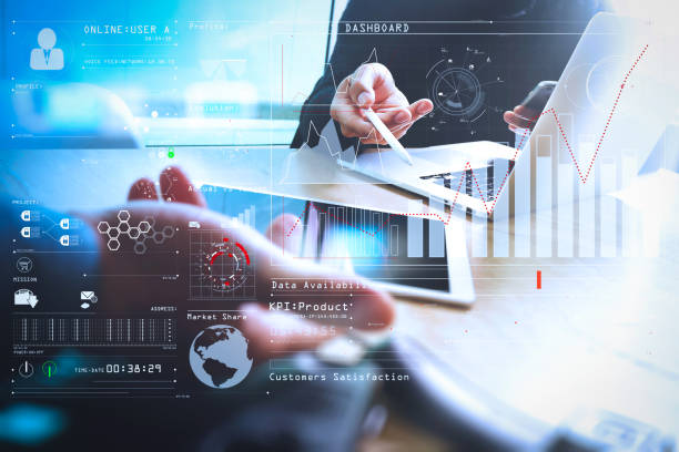 Intelligence (BI) and business analytics (BA) with key performance indicators (KPI) dashboard concept.Business team meeting present. Photo professional investor working with new startup project. reunión de equipo de negocios actual. inversionista profesional foto trabajando con nuevo proyecto de inicio. jefes de finanzas de reunión. ordenador portátil de la tableta digital diseño teléfono inteligente usar, efectos de la llamarada del sol