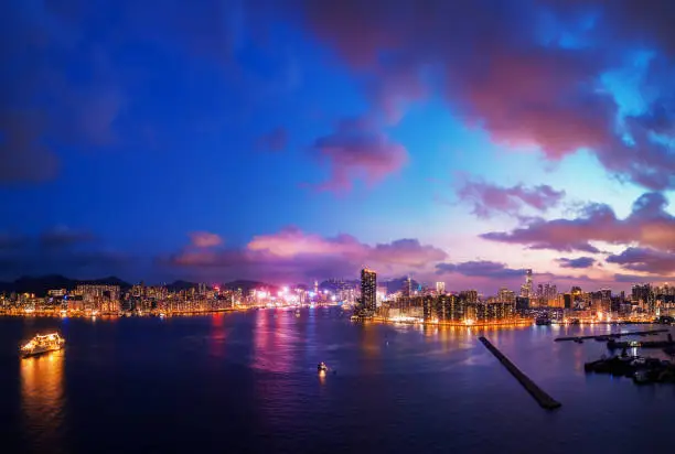 Aerial view of Hong Kong City in magic hour, shooting from drone angle.
