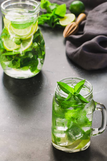 istock Mojito cocktail in mason jar with mint and lime on black stone table. Copy space for text. 1004610614