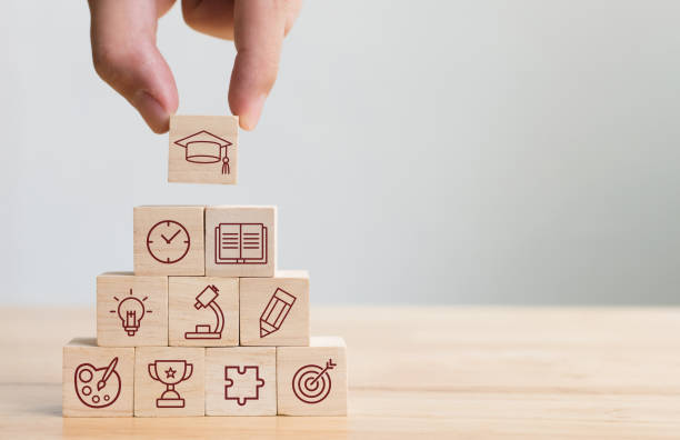 bloque de madera arreglo apilado con icono de educación elementos de la mano. diagrama de concepto de graduación de conocimiento - formación de líderes fotografías e imágenes de stock