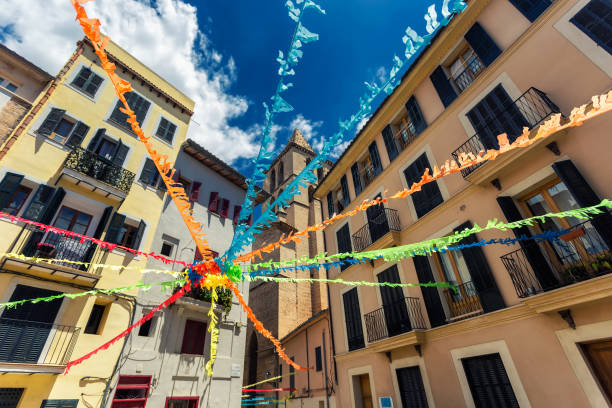 istock Beautiful buildings of Palma de Mallorca and colorful strips between them 1004644374