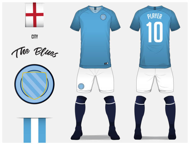 illustrations, cliparts, dessins animés et icônes de football maillot de football kit modèle ou pour le club de football. maillot de foot bleu avec chaussettes et shorts simulé vers le haut. recto et verso découvre des uniformes de soccer. icône du football et l’étiquette de drapeau. - short sleeved illustrations