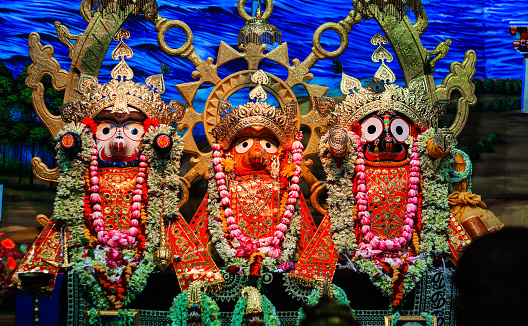 Durgapur, West Bengal, India. July 2018. Idols of Jagannath Balaram Suvadra at Rath Yatra Festival during Night. Rath Yatra is a very famous Hindu festival worldwide.