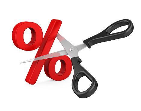 Percent Sign Cut and Scissors isolated on white background. 3D render