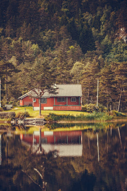 istock wooden cabin in forest on lake shore, Norway 1004688340
