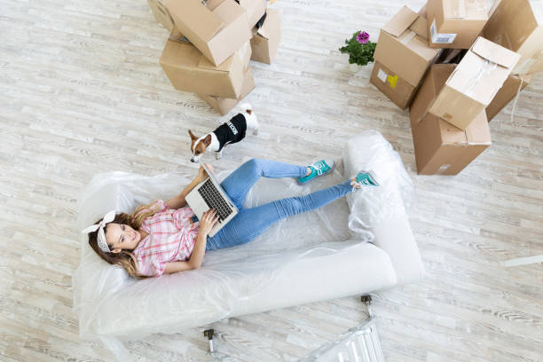 istock Young woman with dog lying on sofa using laptop 1004688764