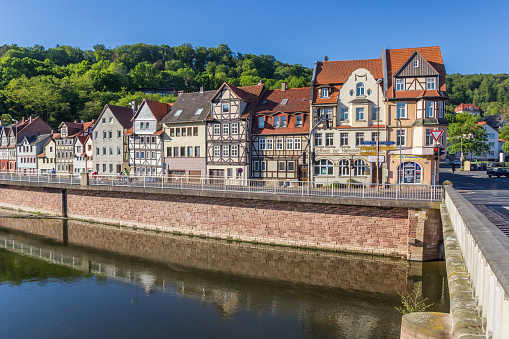 Hann. Munden, Germany - May 07, 2018: Old houses at the Werra riverside in Hannoversch Munden, Germany