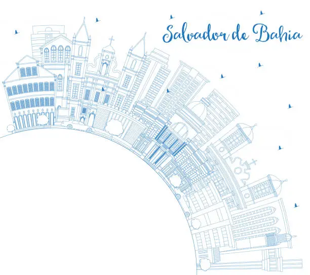 Vector illustration of Outline Salvador de Bahia City Skyline with Blue Buildings and Copy Space.