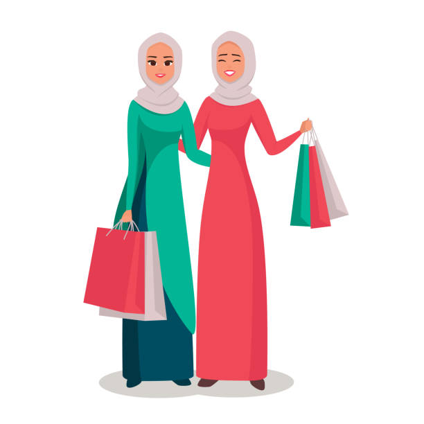 Cartoon Arab Women Character With Hijab Presenting Shopping Bags Stock  Illustration - Download Image Now - iStock