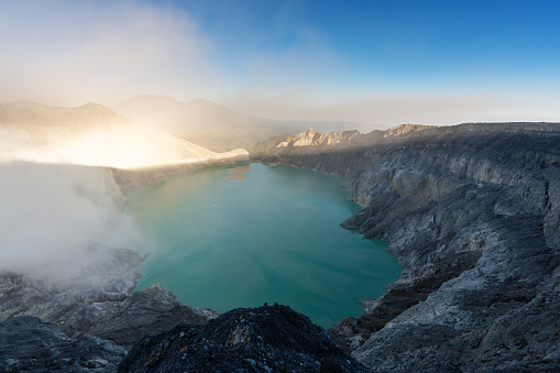 Kawah Ijen volcanic lake, famous travel destination and tourist attraction in Indonesia