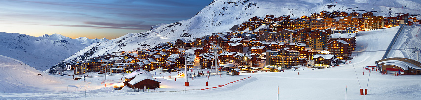 Panorama of famous Val Thorens in french alps by night, Vanoise, France\