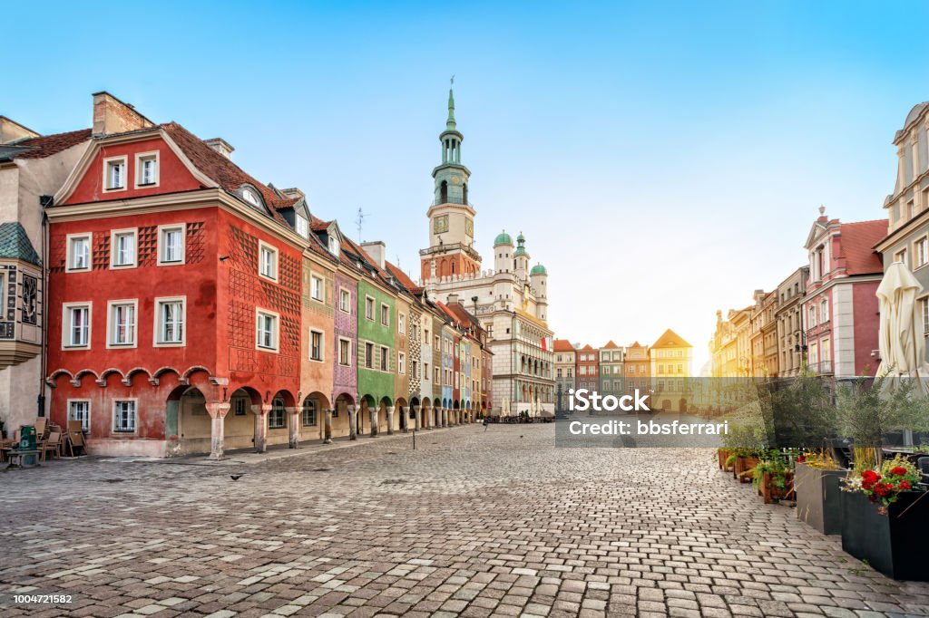 Stary Rynek square and old Town Hall in Poznan, Poland Stary Rynek square with small colorful houses and old Town Hall in Poznan, Poland Poznan Stock Photo