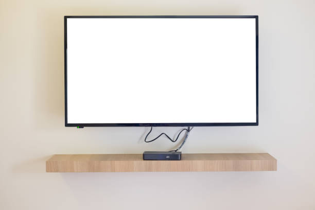 istock Blank modern flat screen TV hanging on wall in living room 1004724598