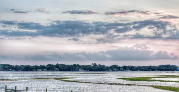 Panoramic riverbank cloudy sky, Brunswick river Georgia