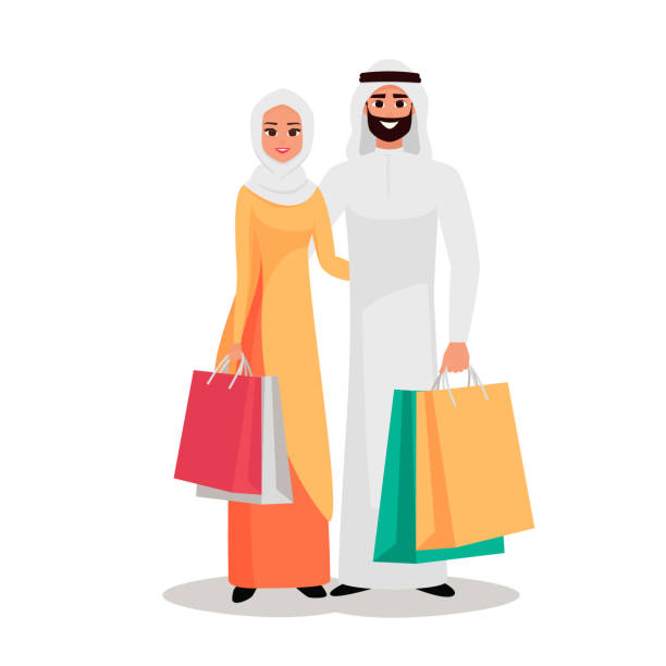 illustrazioni stock, clip art, cartoni animati e icone di tendenza di felice famiglia araba sta facendo shopping - islam women men arabia