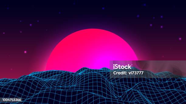 Wireframe Background Landscape 1980s Retro Wave Style Scifi Futuristic Vector Illustration Of Sunrise Or Sunset Stock Illustration - Download Image Now