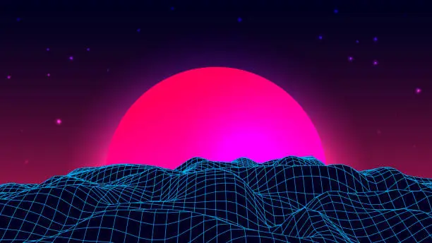 Vector illustration of Wireframe background landscape. 1980s retro wave style. Sci-Fi futuristic vector illustration of sunrise or sunset.