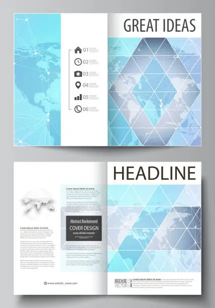 Vector illustration of The vector illustration of the editable layout of two A4 format modern cover mockups design templates for brochure, magazine, flyer. Polygonal texture. Global connections, futuristic geometric concept
