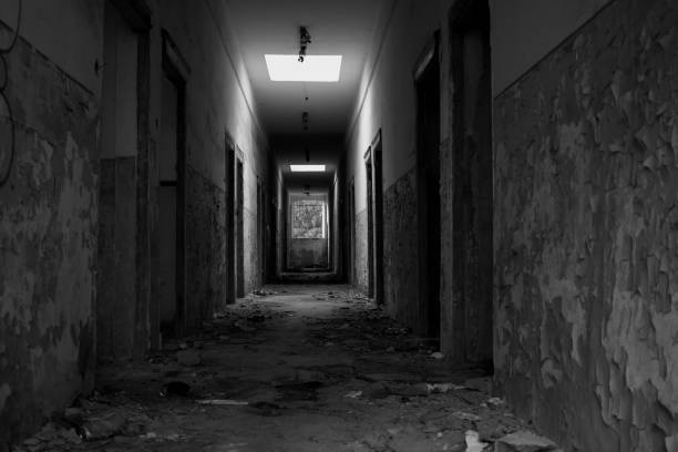 Interior of an abandoned building in black and white