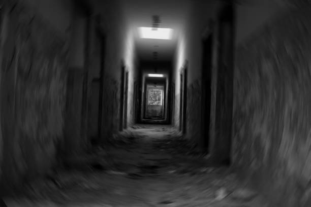 istock Blurred interior of an abandoned building in black and white 1004772382