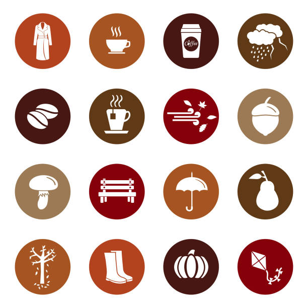 ilustraciones, imágenes clip art, dibujos animados e iconos de stock de temporada otoño vector icon set, contiene iconos como hoja, bellota, viento, capa, botas y otros en color - macintosh apple