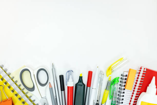 istock different office stationary and tools on white desk background 1004782218
