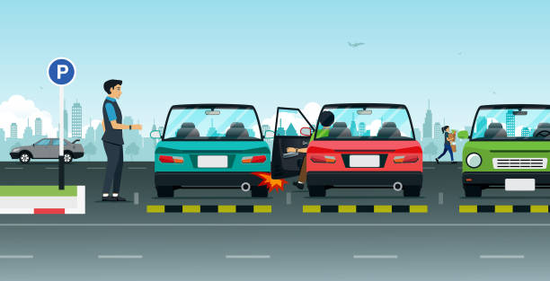 Parking accident An accident from the driver opens the car door. guy open car door stock illustrations