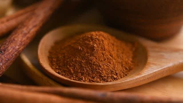 Cinnamon powder in wood spoon