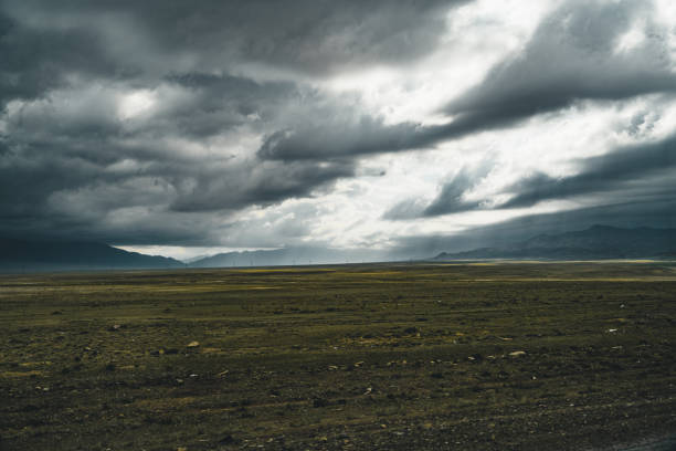 istock empty Kazakhstan Steppe view with green landscape and mountains in background 1004797454