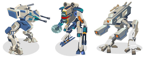 istock Set of futuristic cartoon space robots isolated on white background. Battle robots in space style. Vector illustration. 1004798212