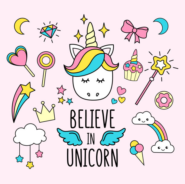 Unicorns and rainbows cute set. Believe in unicorns inscription with doodles. Cute illustration for print, poster, greeting card etc. Unicorns and rainbows cute set. Believe in unicorns inscription with doodles. Cute illustration for print, poster, greeting card etc. unicorn face stock illustrations