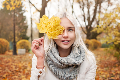 Young Autumn Woman with Yellow Maple Autumn Leaves on Fall Nature Background