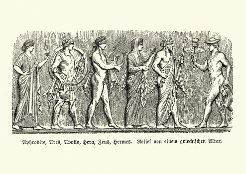Vintage engraving of the Ancient Greek gods of olympus, Aphrodite, Ares, Apollo, Hera, Zeus, Hermes