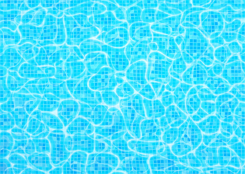 Swimming pool bottom vector background, ripple and flow with waves. Summer aqua water pattern with digital tiles. Texture of sea, ocean surface. Overhead top view