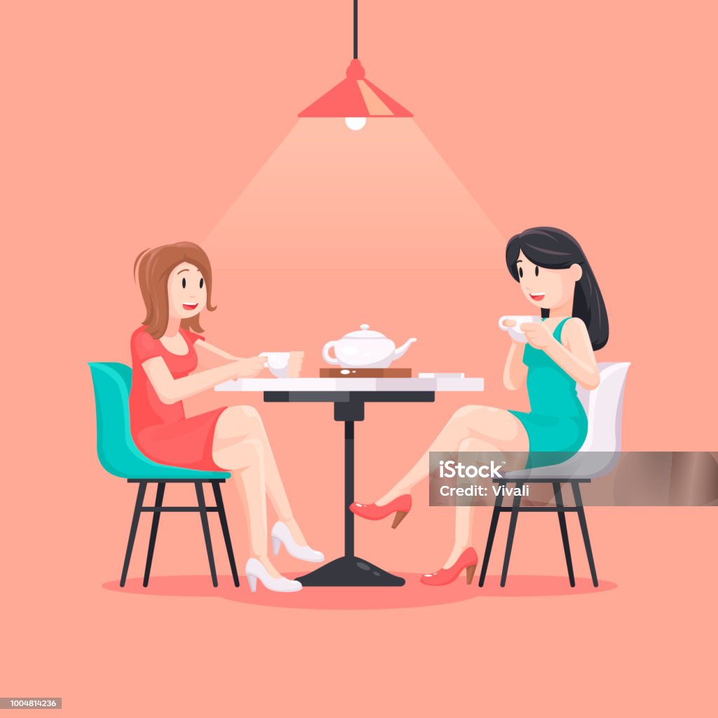 Beautiful women in a cafe illustration in pastel colors. Girlfriends. Friendship concept art. Friendship Day poster. Female friendship. Beautiful women in a cafe illustration in pastel colors. Girlfriends over a cup of tea. Young girls spend leisure time in cafe. Restaurant stock vector