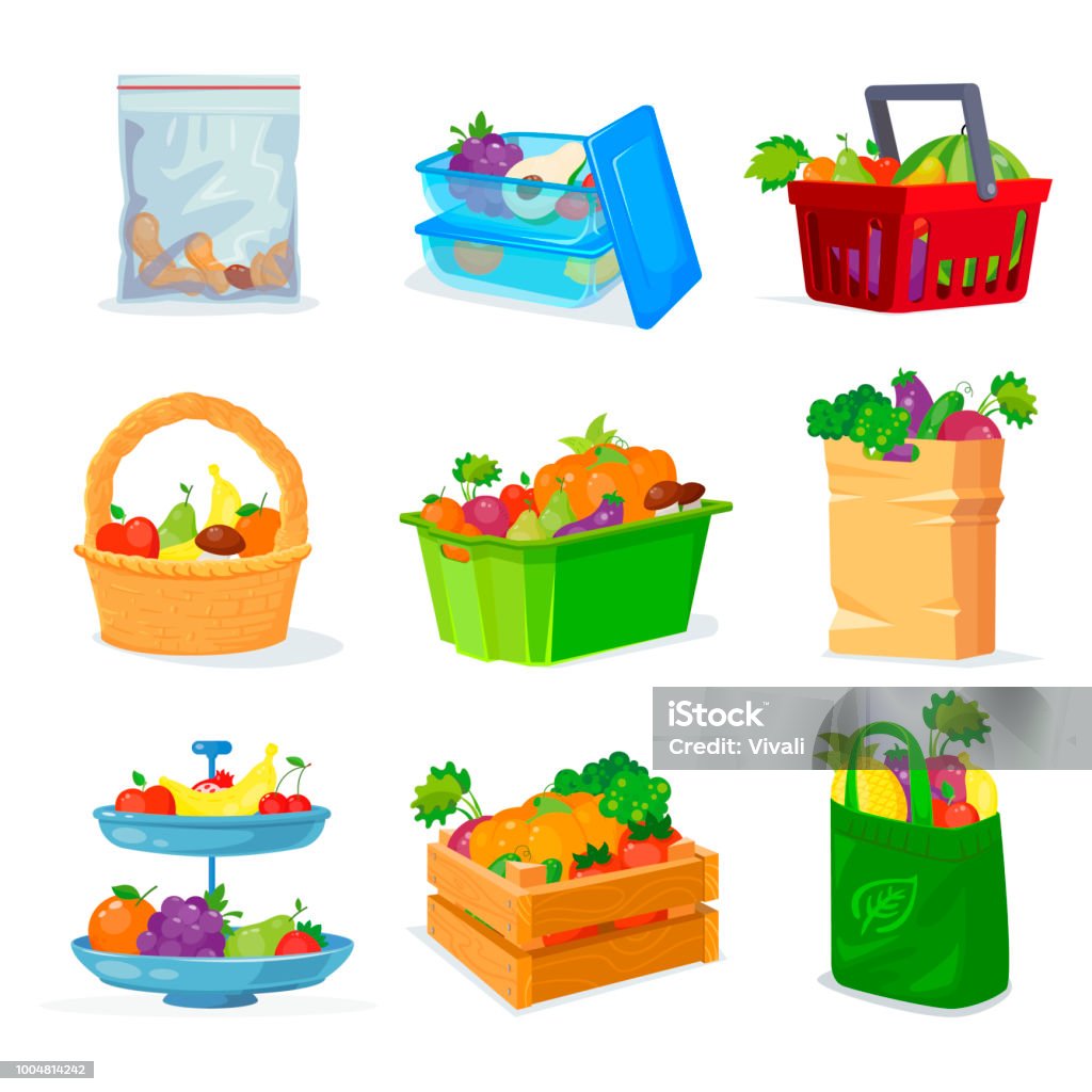 Vegetables and fruits different storage in the house and in the store. Fruit basket. Fruit plate. Fruitful set. Vegetables and fruits different storage in the house and in the store. Eco package with shopping from store.Pumpkin, apple banana and exotic food in box Fruit Bowl stock vector
