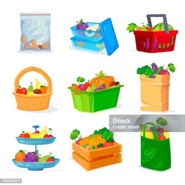 Vegetables And Fruits Different Storage In The House And In The Store Fruit Basket Fruit Plate Fruitful Set Stock Illustration - Download Image Now