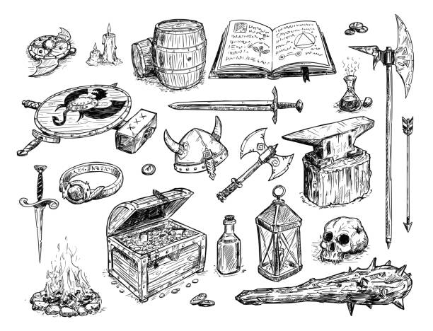 wektor rysunek ilustracja fantasy zestaw prop - halberd stock illustrations