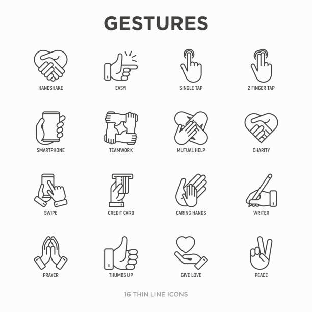 ilustrações de stock, clip art, desenhos animados e ícones de hands gestures thin line icons set: handshake, easy sign, single tap, 2 finger tap, holding smartphone, teamwork, mutual help, swipe, insert credit card, prayer, thumbs up. modern vector illustration. - four people