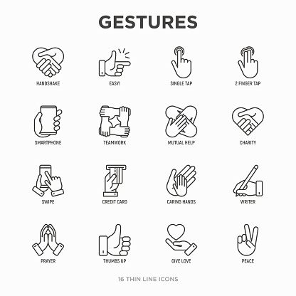 Hands gestures thin line icons set: handshake, easy sign, single tap, 2 finger tap, holding smartphone, teamwork, mutual help, swipe, insert credit card, prayer, thumbs up. Modern vector illustration.