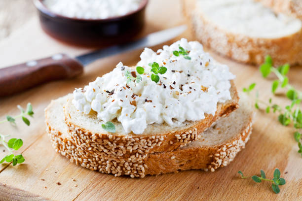 Cottage Cheese Bruschetta Slice of bread with fresh cottage cheese and oregano cream cheese photos stock pictures, royalty-free photos & images