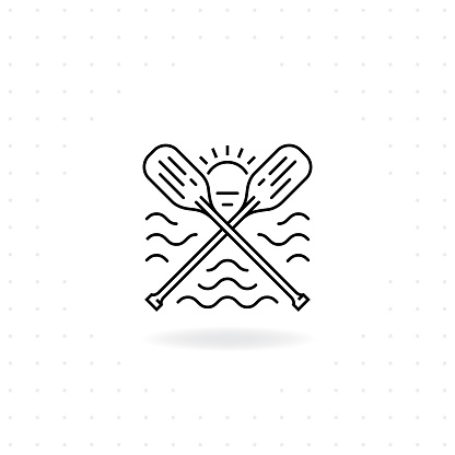 Paddles icon, Black thin line crossed canoe paddles icon with shadow, Boat oars vector for symbol of water sport and outdoor activities, River raft, kayak, canoe, paddles, life vest